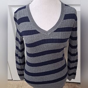 Striped V-Neck Sweater - Gray and Black   Size M
